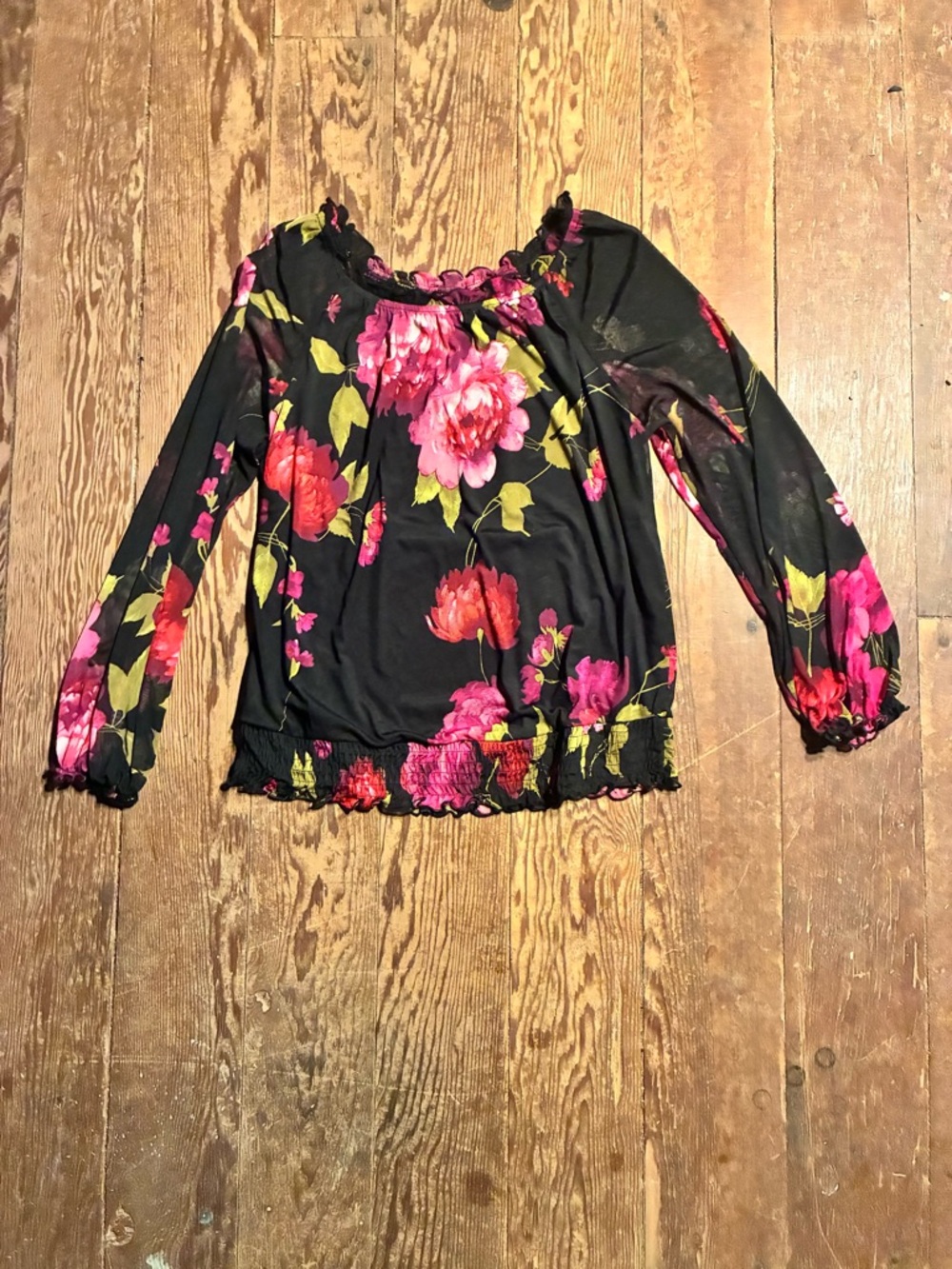 Enfocus Studio Black Floral Long-Sleeve Blouse with Pink & Red Blooms